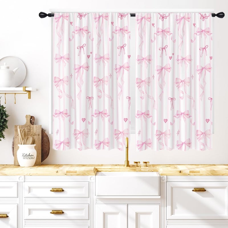Coxila Pink Bow Kitchen Window Curtains 27.5 x 45 Inch Small Short Mini Cafe Rod Pocket Cute Girly Girl Kawaii Princess Romantic Living Bedroom Room Home Treatment Set of 2 Curtain Panels Drapes Tiers - Image 1